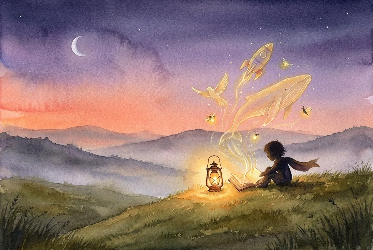 Acuarela al atardecer: un niño en silueta lee un libro junto a un farol y del libro salen una ballena, un cohete y un ave hechos de luz